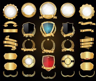 Altın ve gümüş defne çelenkli lüks rozetler ve etiketler.