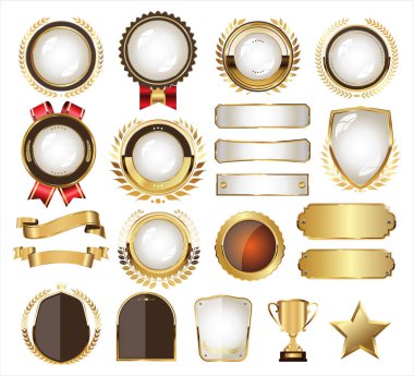 Retro golden ribbons shields labels and laurels vector collection clipart