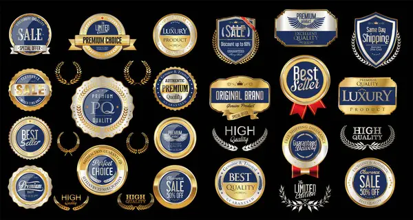Luxury Gold Silver Blue Design Badges Labels Collection — Stock Vector