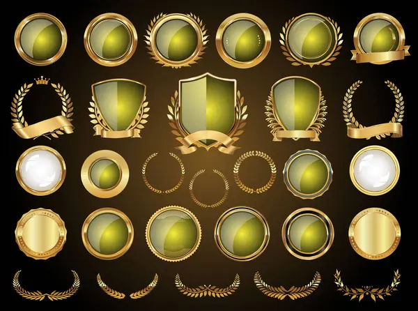 Golden Shields Laurel Wreaths Badges Vector Collection — Stock Vector