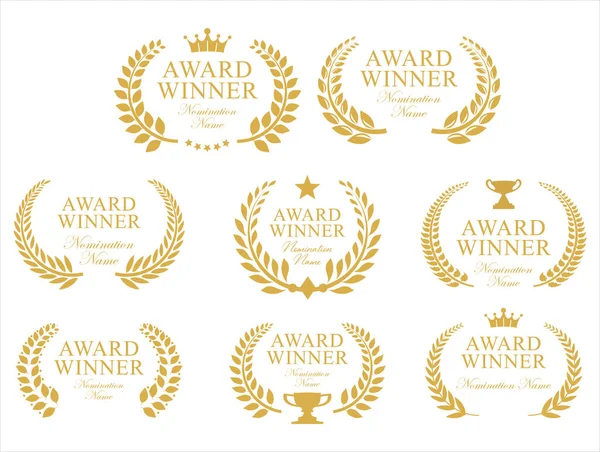 Prêmio Vencedor Coleção Emblema Ouro Laurel Grinalda Texto Preto —  Vetores de Stock