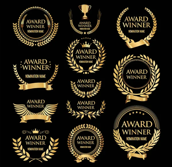 Prêmio Vencedor Coleção Emblema Ouro Laurel Grinalda Texto Preto — Vetor de Stock