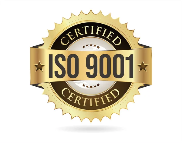 Iso 9001 Certified Golden Badge Vector Illustration White Background — Stock Vector