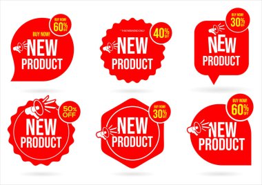 Megafon vektör illüstrasyonlu yeni ürün kırmızı etiket veya afiş 