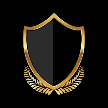 Defne çelengi çizimi olan siyah ve altın bir kalkan. 