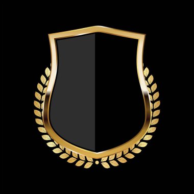 Defne çelengi çizimi olan siyah ve altın bir kalkan. 