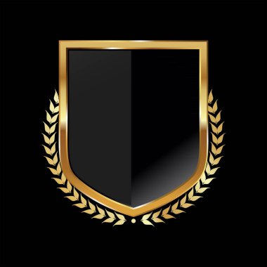 Defne çelengi çizimi olan siyah ve altın bir kalkan. 