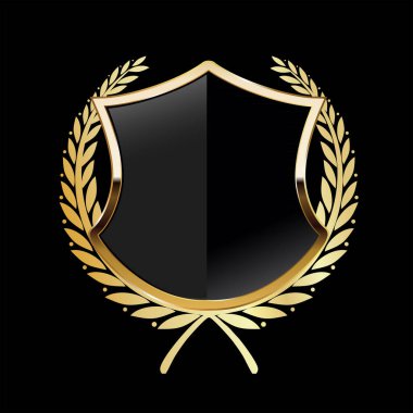 Defne çelengi çizimi olan siyah ve altın bir kalkan. 