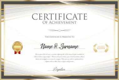 Altın mühür ve renkli tasarım sınırına sahip sertifika
