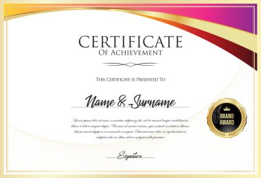 Altın mühür ve renkli tasarım sınırına sahip sertifika 