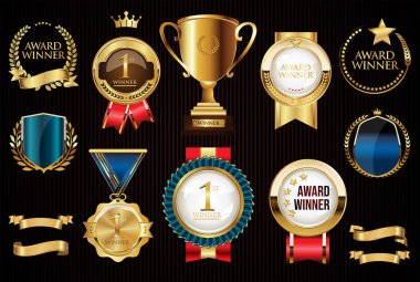 Ödül ikonu madalyası, defne çelengi kupası ve kurdele vektör illüstrasyonu koleksiyonu 