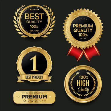 Siyah arkaplan vektör illüstrasyonunda izole edilmiş altın lüks etiketler