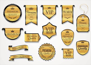 Altın lüks etiketler ve rozetler altın prim kalite sertifika kurdeleleri vektör illüstrasyonu 