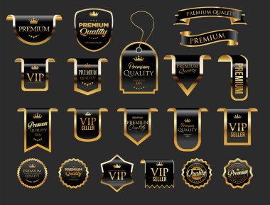 Altın ve siyah lüks etiketler ve rozetler kaliteli sertifika kurdeleleri vektör illüstrasyonu 