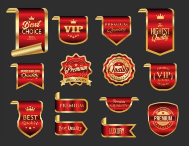 Altın ve kırmızı lüks rozetler ve etiketler kaliteli sertifika illüstrasyonu 