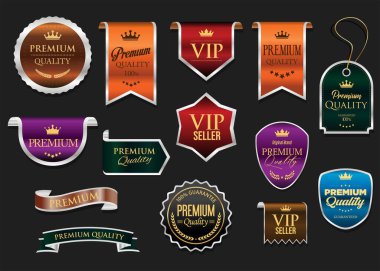 Altın ve bronz lüks etiketler ve rozetler birinci sınıf kalite sertifika kurdeleleri vektör illüstrasyonu 