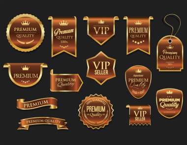 Altın ve bronz lüks etiketler ve rozetler birinci sınıf kalite sertifika kurdeleleri vektör illüstrasyonu 
