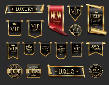 VIP ve premium amblemi gri arka planda siyah ve altın izole edilmiş. 