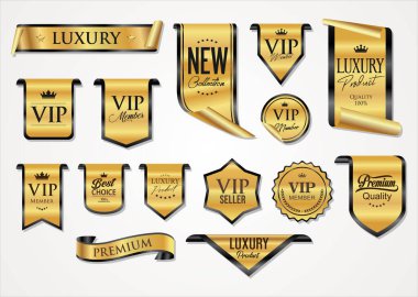 Altın lüks etiketler ve rozetler altın prim kalite sertifika kurdeleleri vektör illüstrasyonu