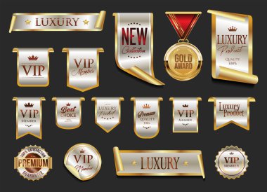 Altın ve bronz lüks etiketler ve rozetler birinci sınıf kalite sertifika kurdeleleri vektör illüstrasyonu