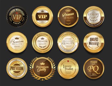 Lüks ve kaliteli geçmişe dönük rozetler, siyah arkaplanda izole edilmiş altın ve gümüş koleksiyonu 