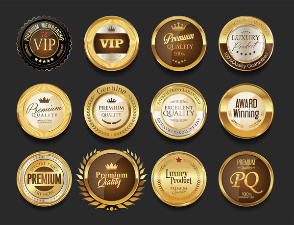 Роскошные и премиум качества ретро значки золото и серебро коллекция изолированы на черном фоне 
