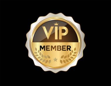 VIP üyeliği ya da rozet etiketi siyah arkaplanda izole edilmiş.