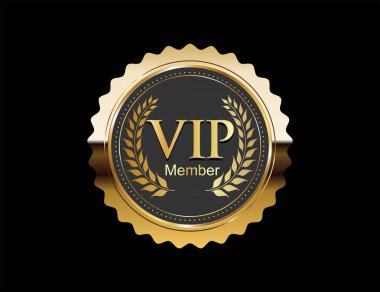 VIP üyeliği ya da rozet etiketi siyah arkaplanda izole edilmiş.