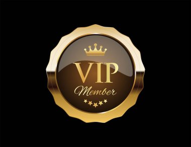 VIP üyeliği ya da rozet etiketi siyah arkaplanda izole edilmiş.