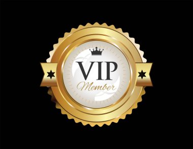 VIP üyeliği ya da rozet etiketi siyah arkaplanda izole edilmiş.