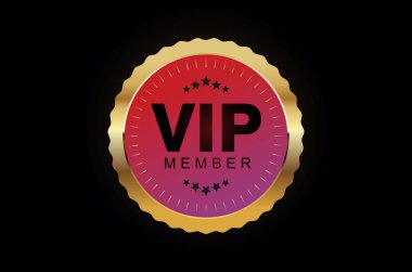 VIP üyeliği ya da rozet etiketi siyah arkaplanda izole edilmiş. 