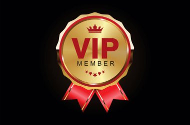 VIP üyeliği ya da rozet etiketi siyah arkaplanda izole edilmiş. 