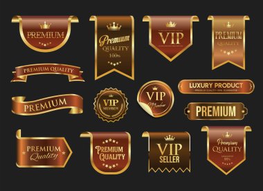 VIP ve premium amblem kahverengi ve altın rengi gri arka planda izole edilmiştir. 
