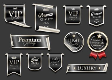 VIP ve premium amblem ve rozetler siyah arkaplan resimlerinde izole siyah ve gümüş renk 