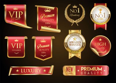 VIP ve premium amblem ve rozetler siyah arkaplan resimlerinde izole kırmızı ve altın rengi