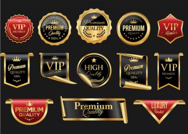 Birinci kalite memnuniyet garantili altın ve siyah ve kırmızı rozet stok illüstrasyonu 