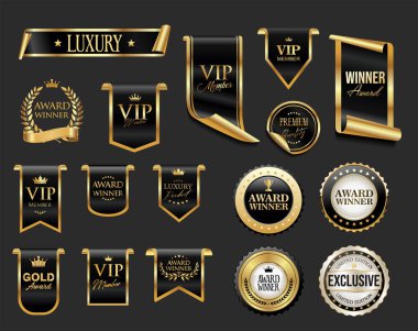 VIP, premium ve altın ödülü amblemi gri arka planda izole edilmiş siyah ve altın 