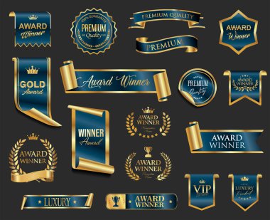 VIP, premium ve altın ödüllü amblem gri arka planda mavi ve altın izole 