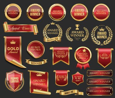 Ödül sahibi, prim ve altın ödüllü amblem ve defne kırmızısı ve altın, gri arka planda izole edilmiş.