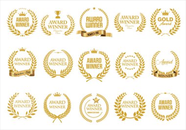 Ödül sahibi, premium ve altın ödüllü amblem simgesi ve defne altın rengi beyaz arkaplanda izole
