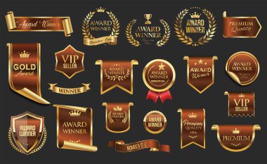 Ödüllü altın lüks etiketler ve rozetler. Altın kaliteli sertifika kurdeleleri. 