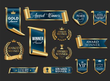 VIP, premium ve altın ödüllü amblem mavi ve altın siyah arka planda izole