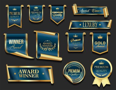 VIP, premium ve altın ödüllü amblem mavi ve altın siyah arka planda izole