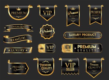 VIP and premium emblem black and gold isolated on black background stock illustration