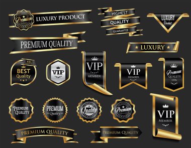 VIP and premium emblem black and gold isolated on black background stock illustration