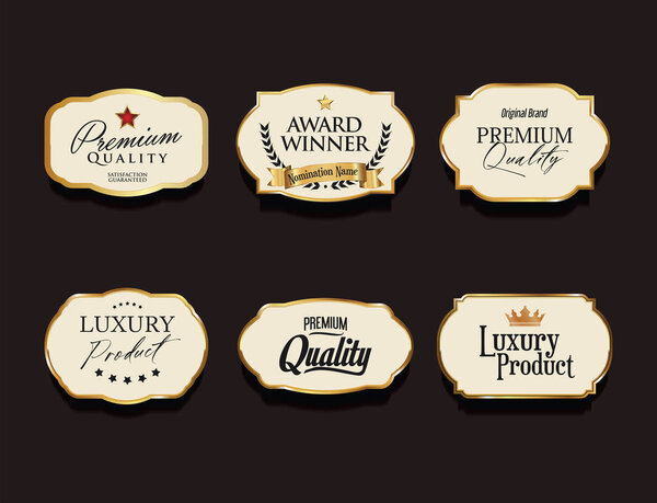 Golden VIP badges for premium quality wreath ribbon, star and royal crown for VIP certificate 