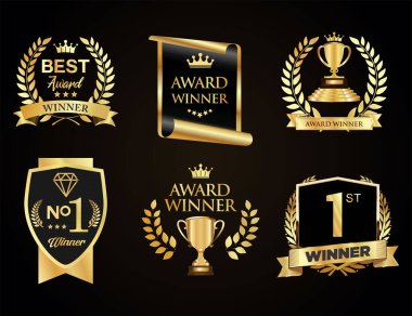 Kazanan madalyanın logo koleksiyonu altın ödüllü logo tasarımı siyah arka planda izole edildi