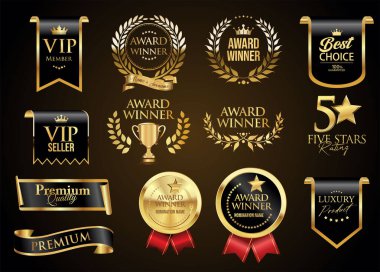 VIP ve premium amblem ve rozetler siyah arkaplan resimlerinde izole siyah ve altın rengi