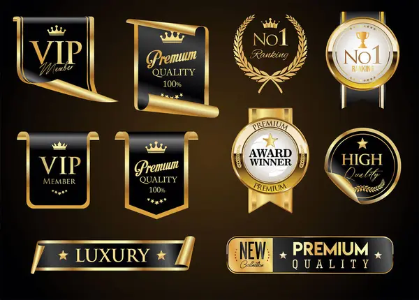 VIP ve premium amblem ve rozetler siyah arkaplan resimlerinde izole siyah ve altın rengi
