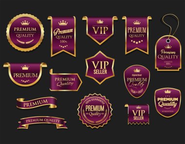 Altın lüks etiketler ve rozetler kaliteli sertifika kurdeleleri vektör illüstrasyonu 